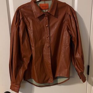 Signature8 Tan and Brown Faux Leather Shirt or jacket- puff sleeves